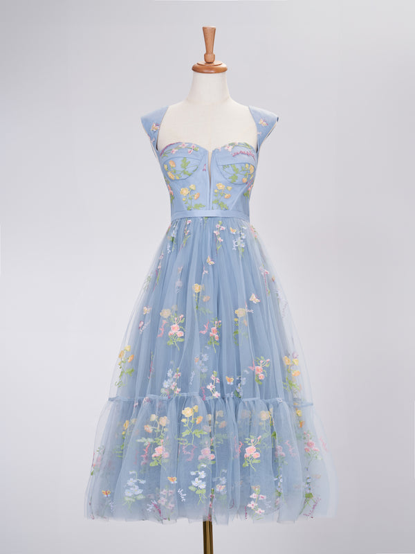 Luolandi A Line Sweetheart Dusty Blue Long Prom Dress with Embroidery Beautiful Flowers